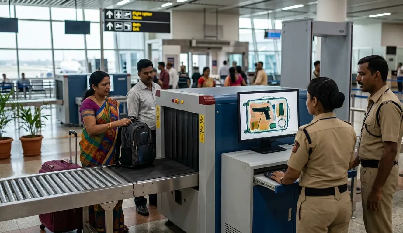 Security operators reviewing a colour-coded X-ray image showing a concealed weapon inside a bag at an airport checkpoint