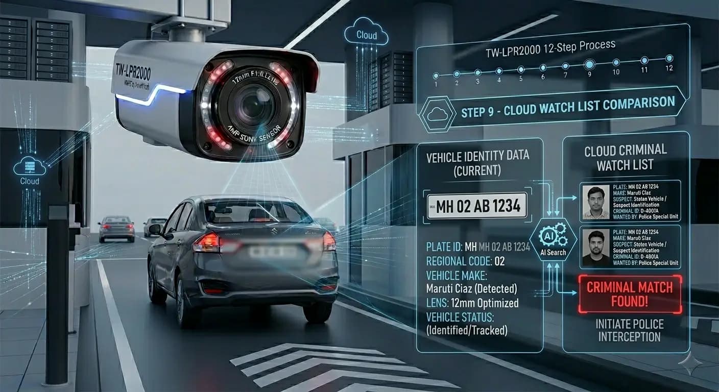 Cloud server comparing vehicle against criminal suspect watch list