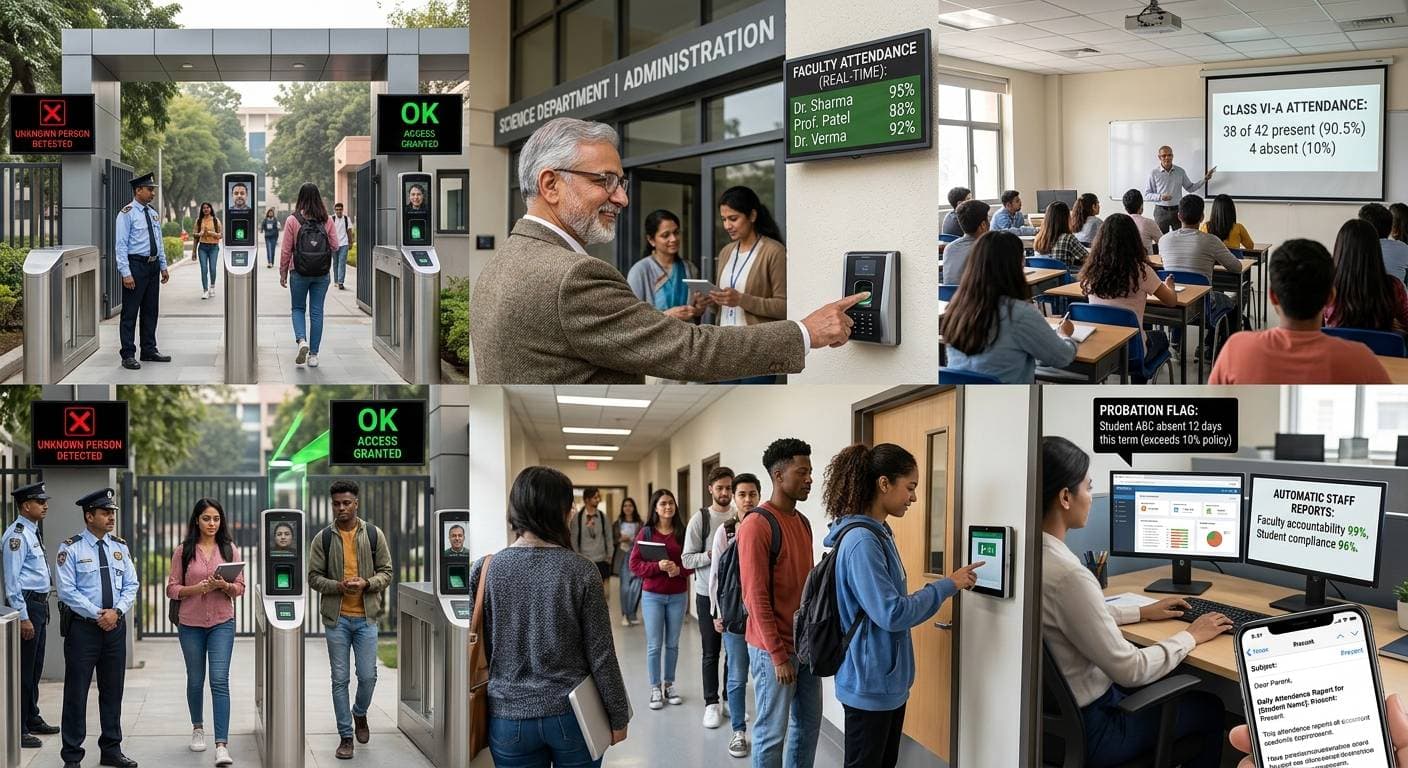 School and university campus where door frame metal detectors screen students at the gate