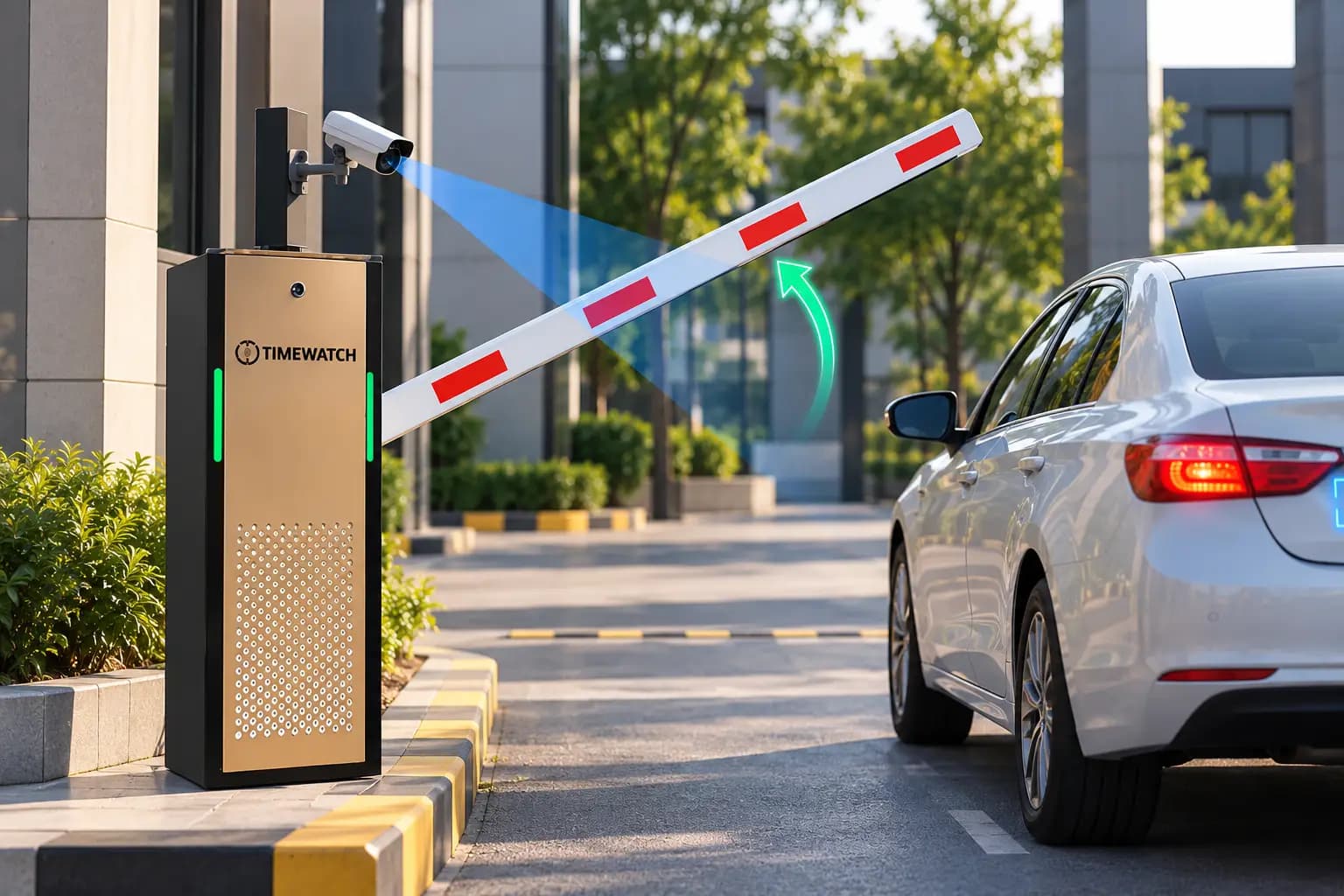 Vehicles being identified at a facility gate where boom barriers and bollards control entry and exit
