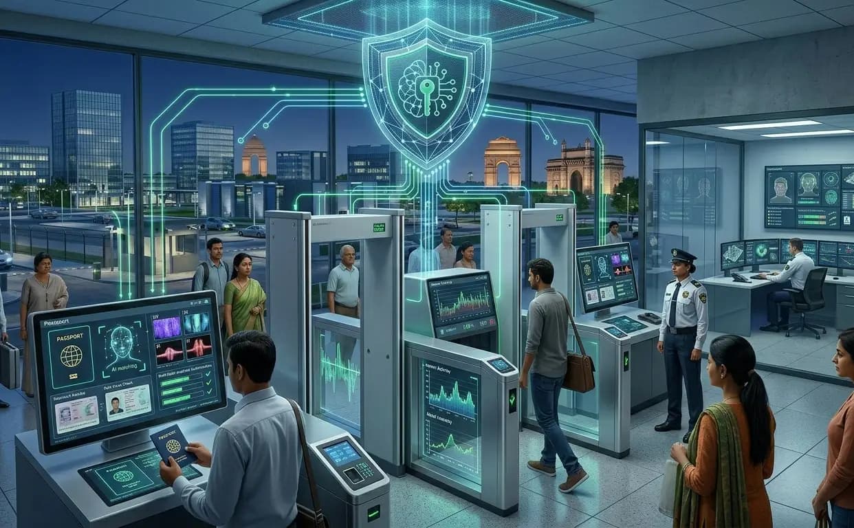 People being screened through walk-through metal detector gates while an operator monitors zone alarms on screen