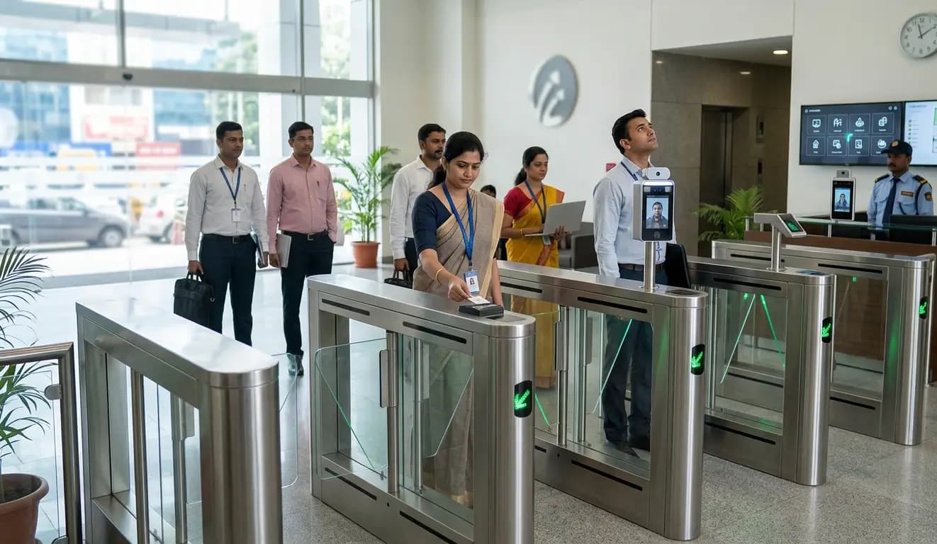 Staff entering an office through pedestrian access-control lanes with card and face recognition readers