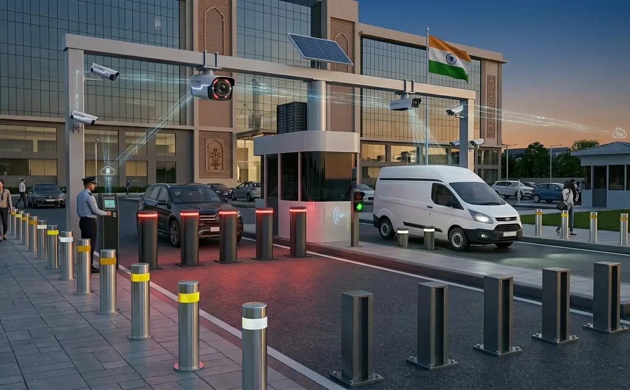 Retractable bollards protecting a facility perimeter alongside boom barriers