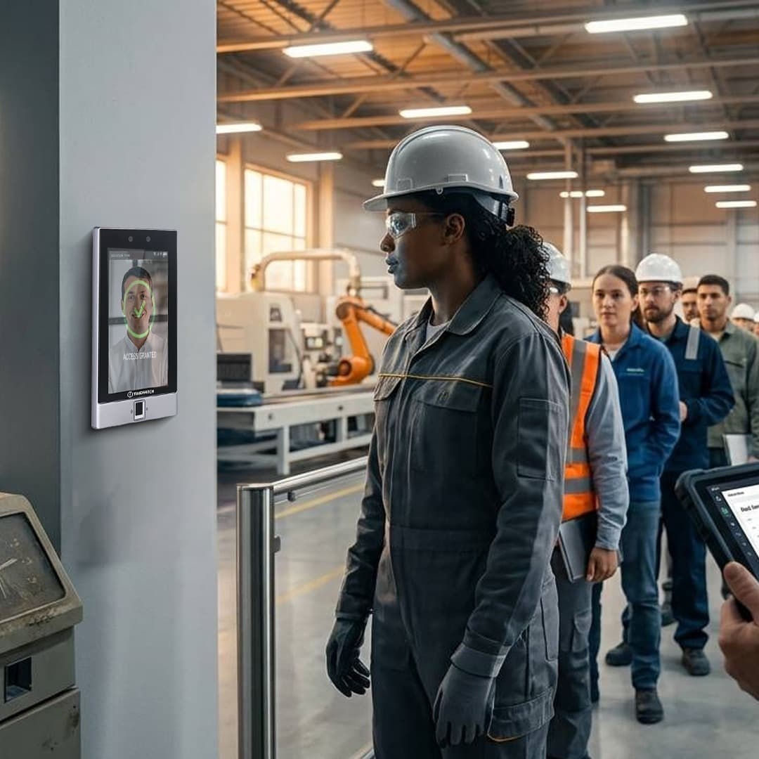 Site survey at a factory gate during shift change to establish conditions for biometric attendance and access control selection
