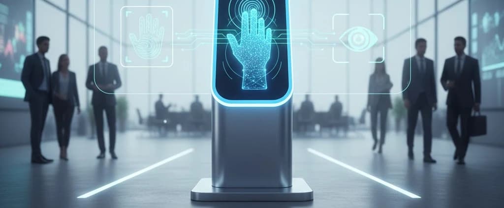 Employee presenting an open palm above a contactless palm vein scanner at an entrance