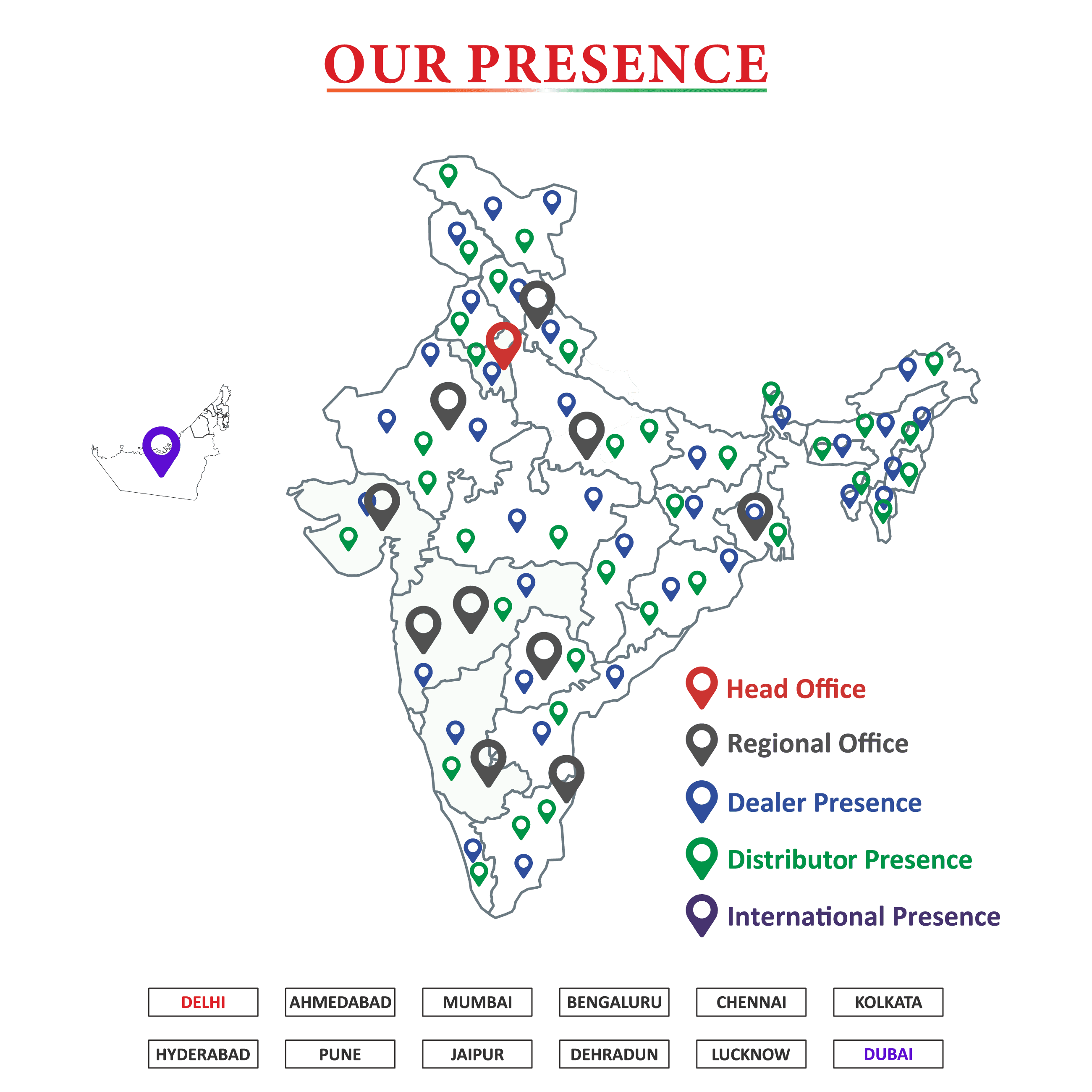Map of TimeWatch presence across India with head office, regional offices, dealers and distributors
